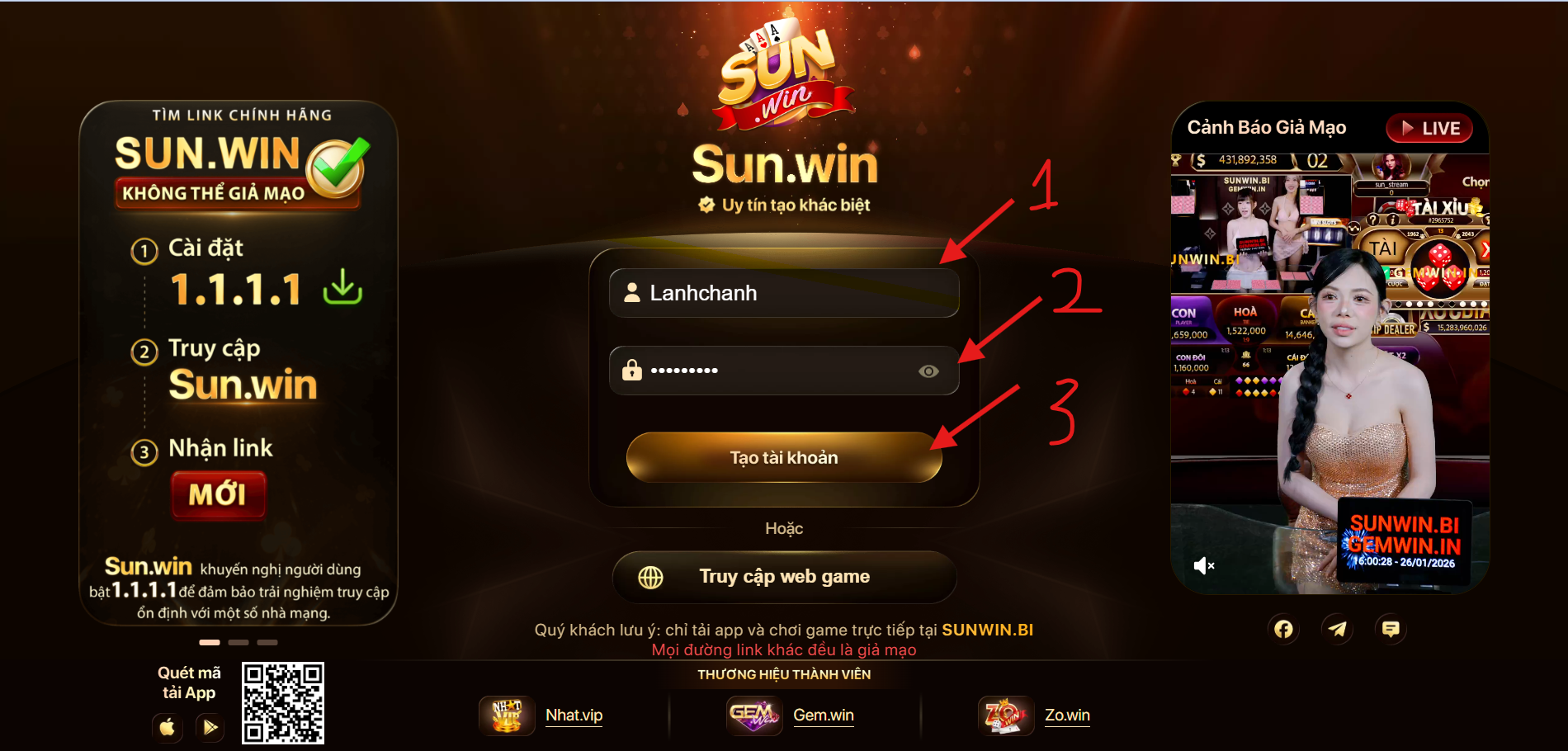 Điền đầy đủ thông tin vào biểu mẫu đăng ký Sunwin